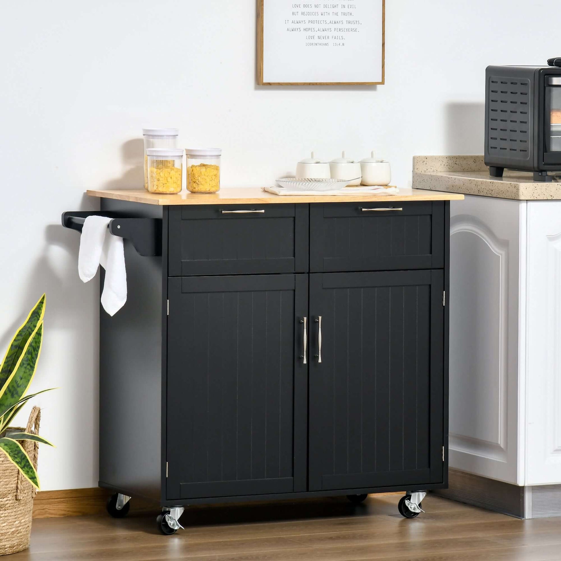 HOMCOM Rolling Kitchen Island, Kitchen Cart on Wheels with 2 Storage Drawers, 2 Door Cabinets and Towel Rack for Dining Room (Black, 2-Doors)