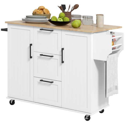 HOMCOM Kitchen Island Cart: On Wheels, Drop Leaf, 3 Drawers, Cabinets, Natural Wood Top, White | Aosom Canada