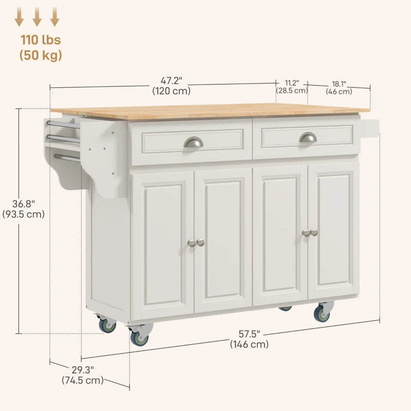 HOMCOM Kitchen Island with Storage, Rolling Kitchen Island with Drop Leaf, Rubber Wood Top and Adjustable Shelves, Cream White | Aosom Canada