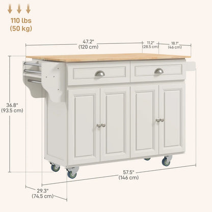 HOMCOM Kitchen Island with Storage, Rolling Kitchen Island with Drop Leaf, Rubber Wood Top and Adjustable Shelves, Cream White | Aosom Canada