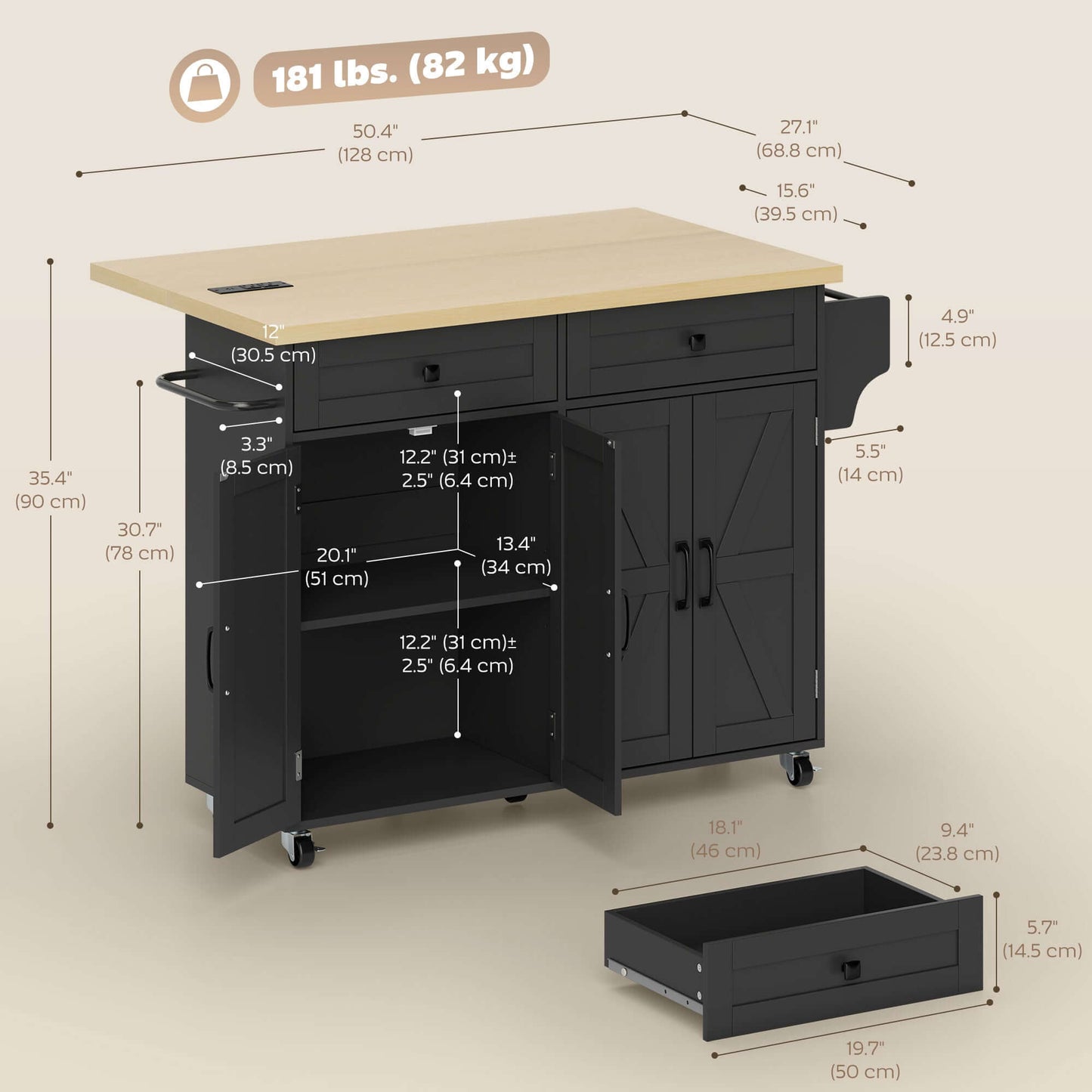 HOMCOM Kitchen Island with Storage, Rolling Kitchen Cart with Charging Station, Drop Leaf, Spice Rack, Towel Rack, Drawers