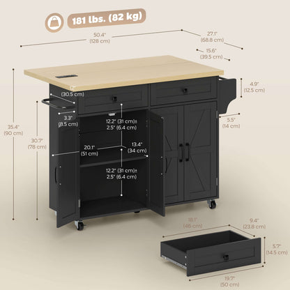 HOMCOM Kitchen Island with Storage, Rolling Kitchen Cart with Charging Station, Drop Leaf, Spice Rack, Towel Rack, Drawers
