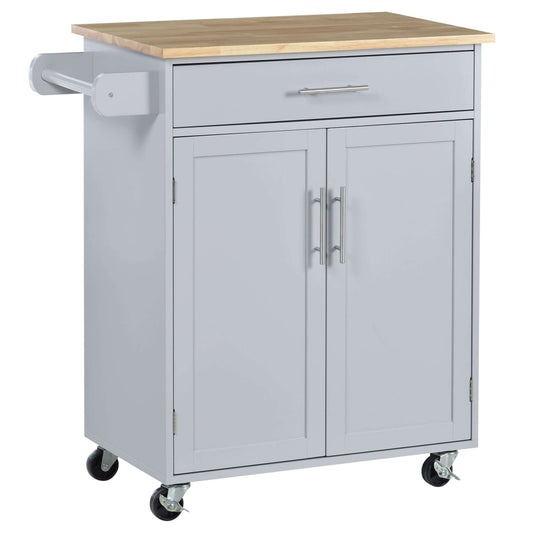 HOMCOM Rolling Kitchen Island Cart with Wood Top, Enough Storage Drawer Space with Towel Bar Rack Shelves, Portable Kitchen Utility Serving Cart Trolley on Wheels (Grey)
