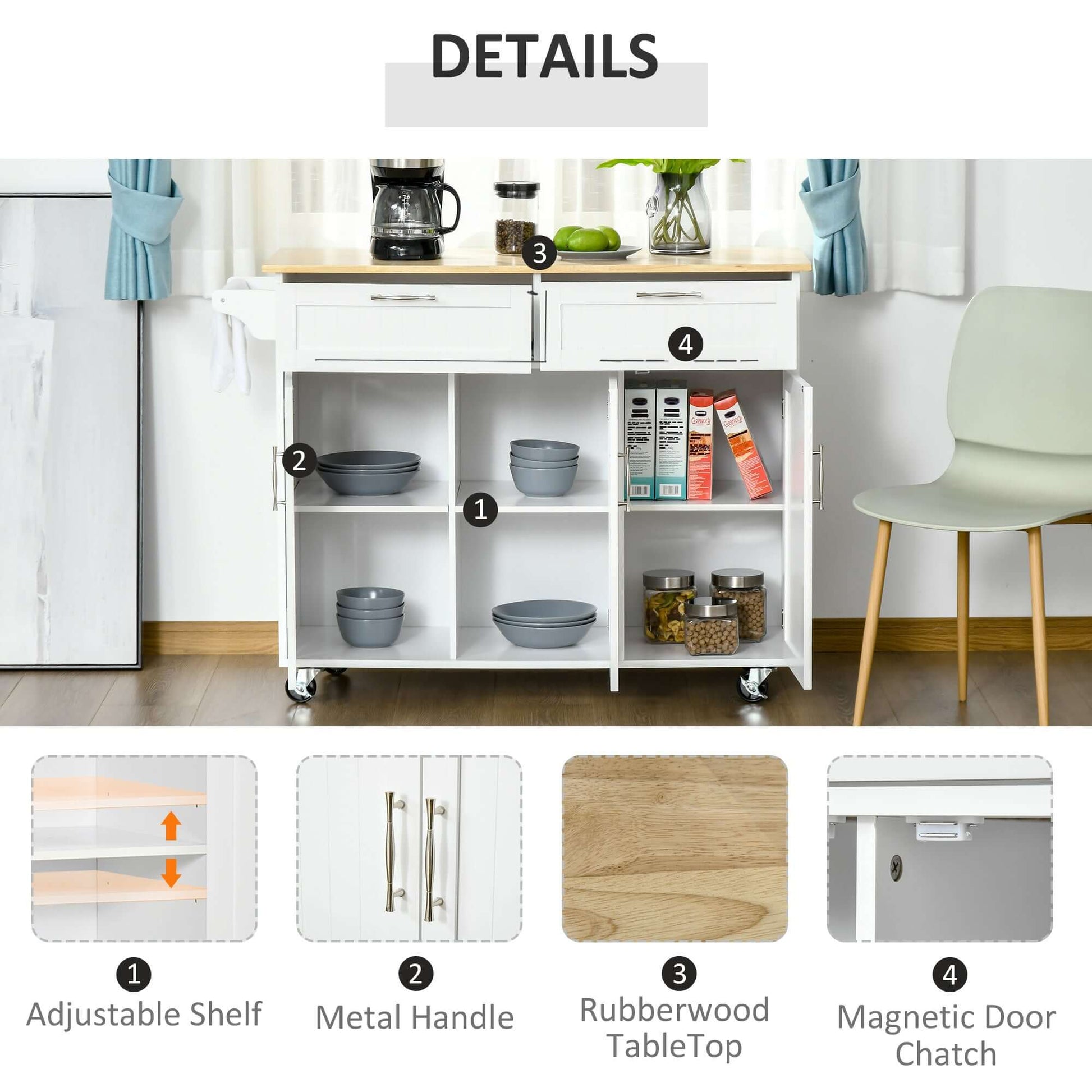 HOMCOM 48" Kitchen Island with Storage and Solid Wood Top, Rolling Kitchen Cart on Wheels with 2 Storage Drawers, 3 Doors and Towel Rack for Dining Room, White