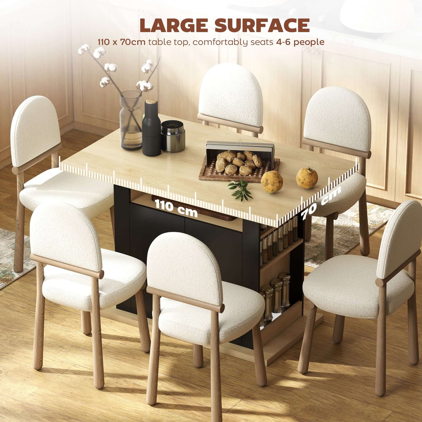 HOMCOM Kitchen Island Dining Table with Storage Cabinet, Large Tabletop for 4 People, 4-Door Cupboard & Shelves, Black