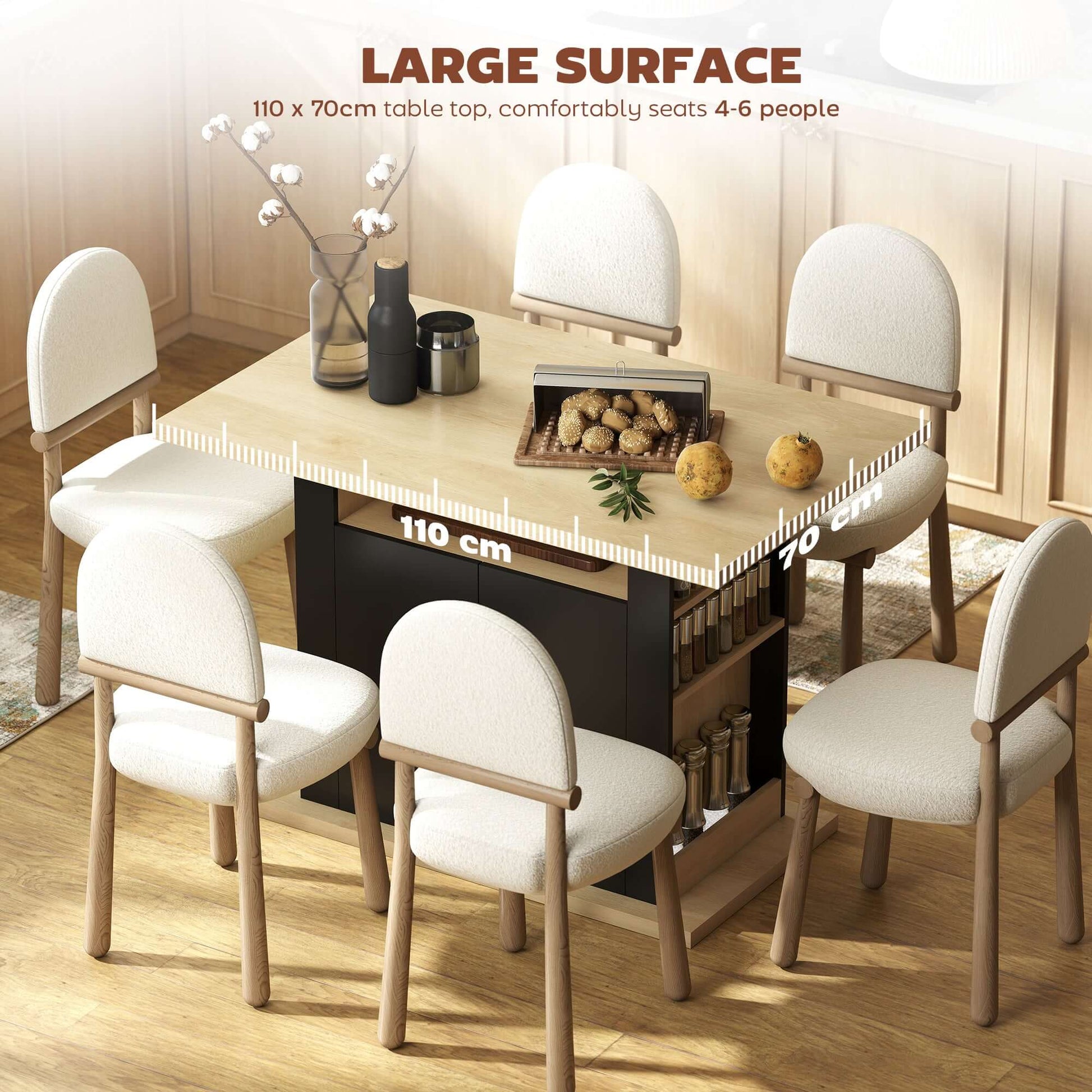 HOMCOM Kitchen Island Dining Table with Storage Cabinet, Large Tabletop for 4 People, 4-Door Cupboard & Shelves, Black