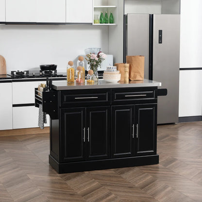 HOMCOM Portable Kitchen Island Rolling Cart Stainless Steel Top Storage Spice Rack Drawers Cabinets Black | Aosom Canada