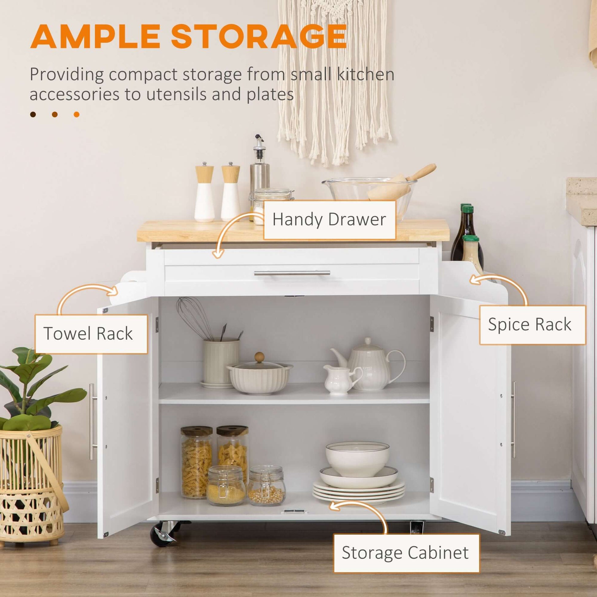 HOMCOM Kitchen Island with Storage, Rolling Cart Trolley with Rubberwood Top, Adjustable Shelf, Drawer, Spice Rack, White