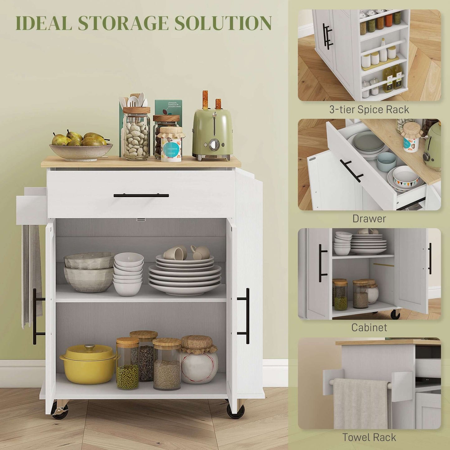 HOMCOM Rolling Island with Wheels for Kitchen, Kitchen Island on Rollers with Power Outlets, Drawer and Doors