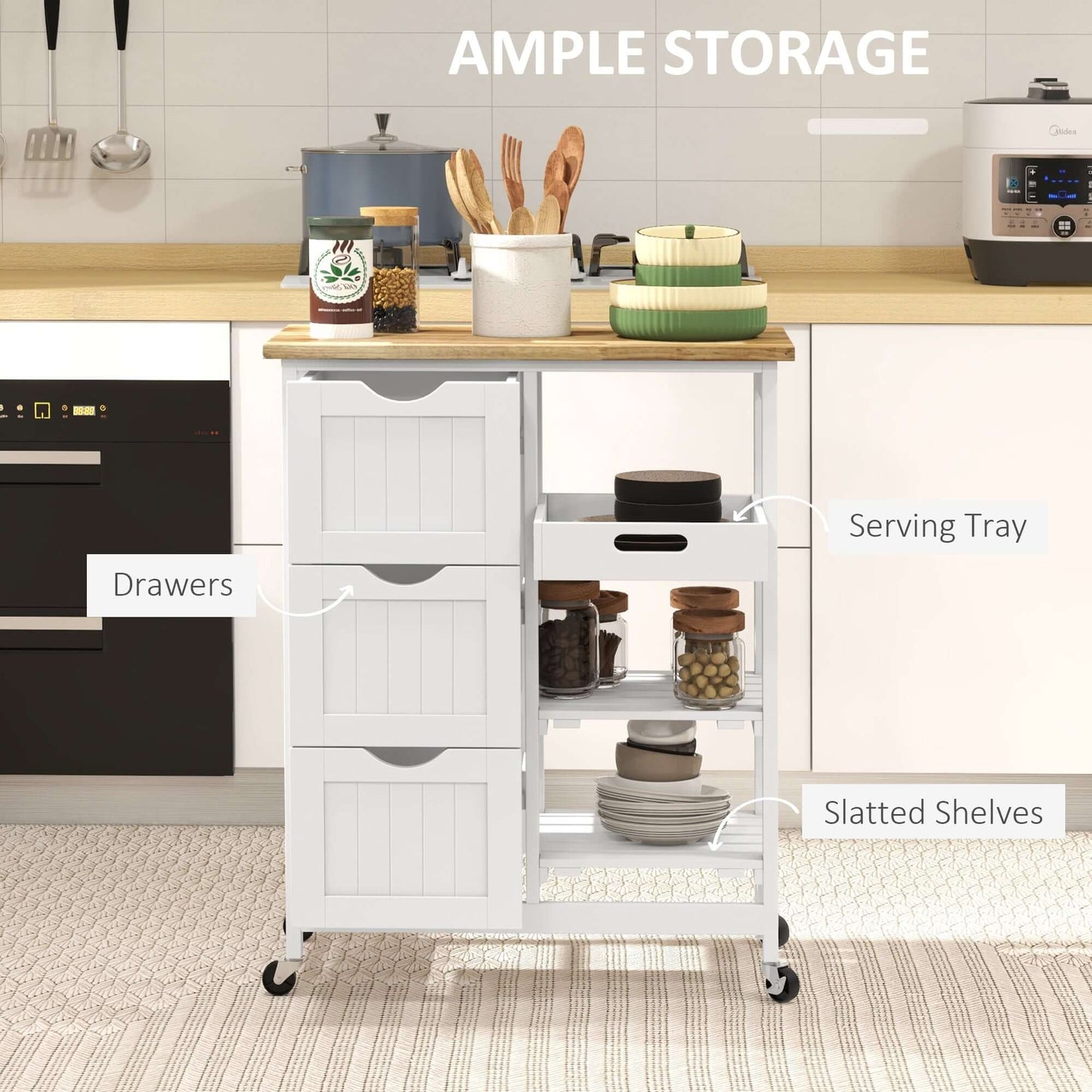 HOMCOM Kitchen Cart on Wheels, Rolling Kitchen Island Cart with Wood Top, 3 Drawers and Shelves for Home Dining Area