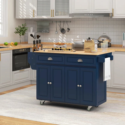 HOMCOM Kitchen Island with Storage, Rolling Kitchen Island with Drop Leaf, Rubber Wood Top and Adjustable Shelves, Navy Blue | Aosom Canada