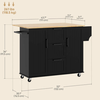 HOMCOM Rolling Kitchen Cart on Wheels with Drop Leaf, Kitchen Island with 3 Drawers, Solid Wood Top and Towel Rack, Black | Aosom Canada