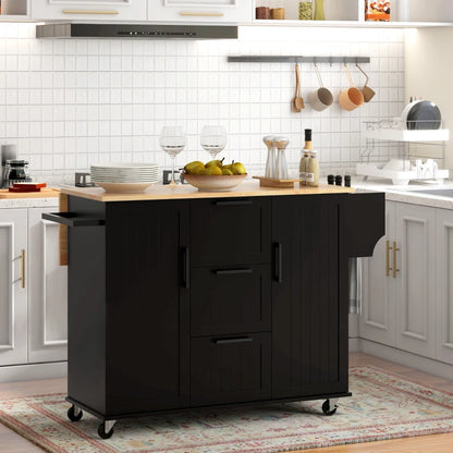 HOMCOM Rolling Kitchen Cart on Wheels with Drop Leaf, Kitchen Island with 3 Drawers, Solid Wood Top and Towel Rack, Black | Aosom Canada