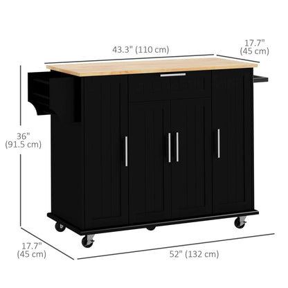 HOMCOM Modern Rolling Kitchen Island Cart with Drawers, Natural Wood Top, Towel Rack, Door Storage Cabinet, Black