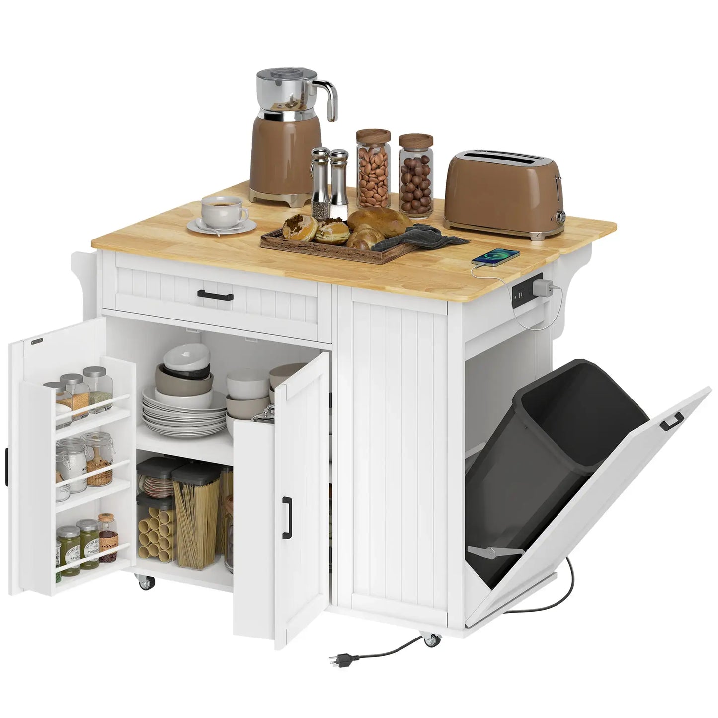 HOMCOM Kitchen Island Cart, Portable Kitchen Island Table with Charging Station, Rubber Wood Drop Leaf, Trash Storage, White