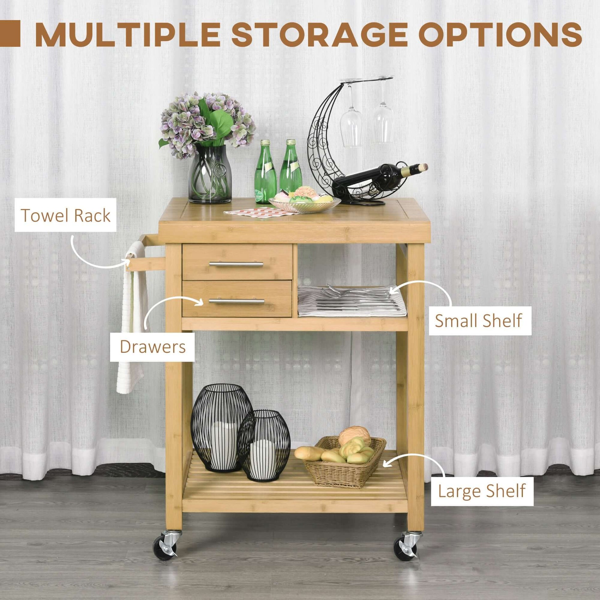 HOMCOM Bamboo Rolling Kitchen Island Trolley with Drawers & Shelves