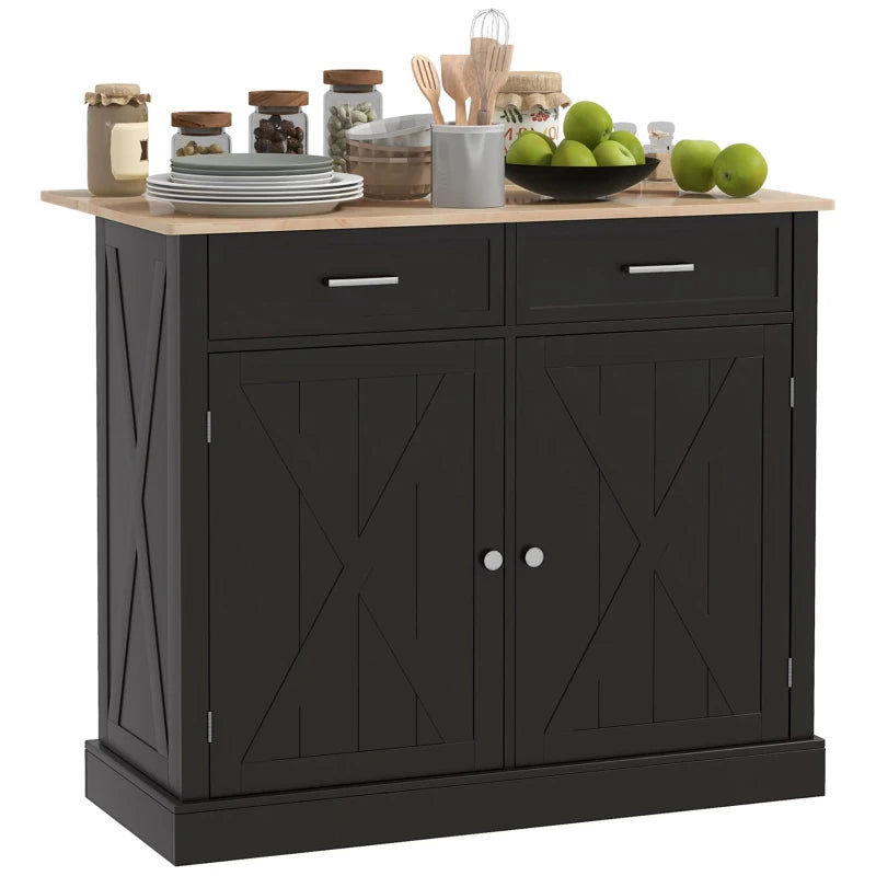 HOMCOM Ebony Culinary Companion: Black Kitchen Island with Beadboard, Rubberwood Cart, 2 Drawers, Adjustable Shelves for Storage | Aosom Canada