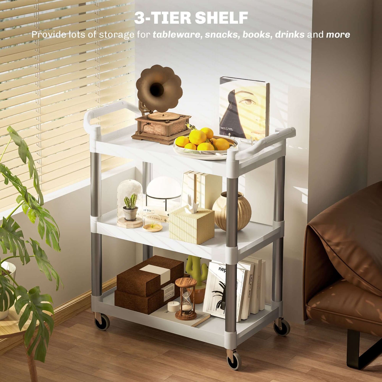 HOMCOM 3-Tier Utility Cart Rolling Storage Trolley with 3 Shelves, Silver and White