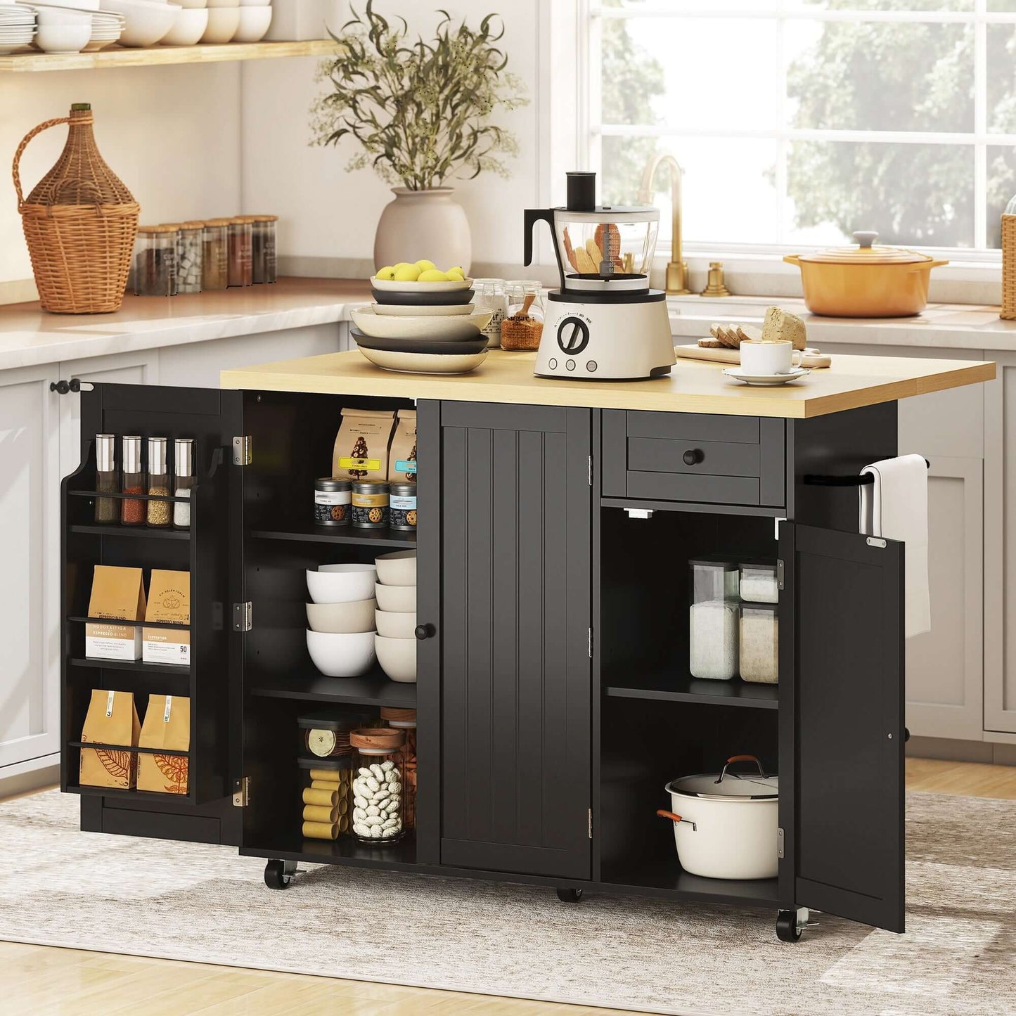 HOMCOM Kitchen Island Cart, Rolling Kitchen Island Table with Drop Leaf, Drawer, Spice and Towel Rack, Black