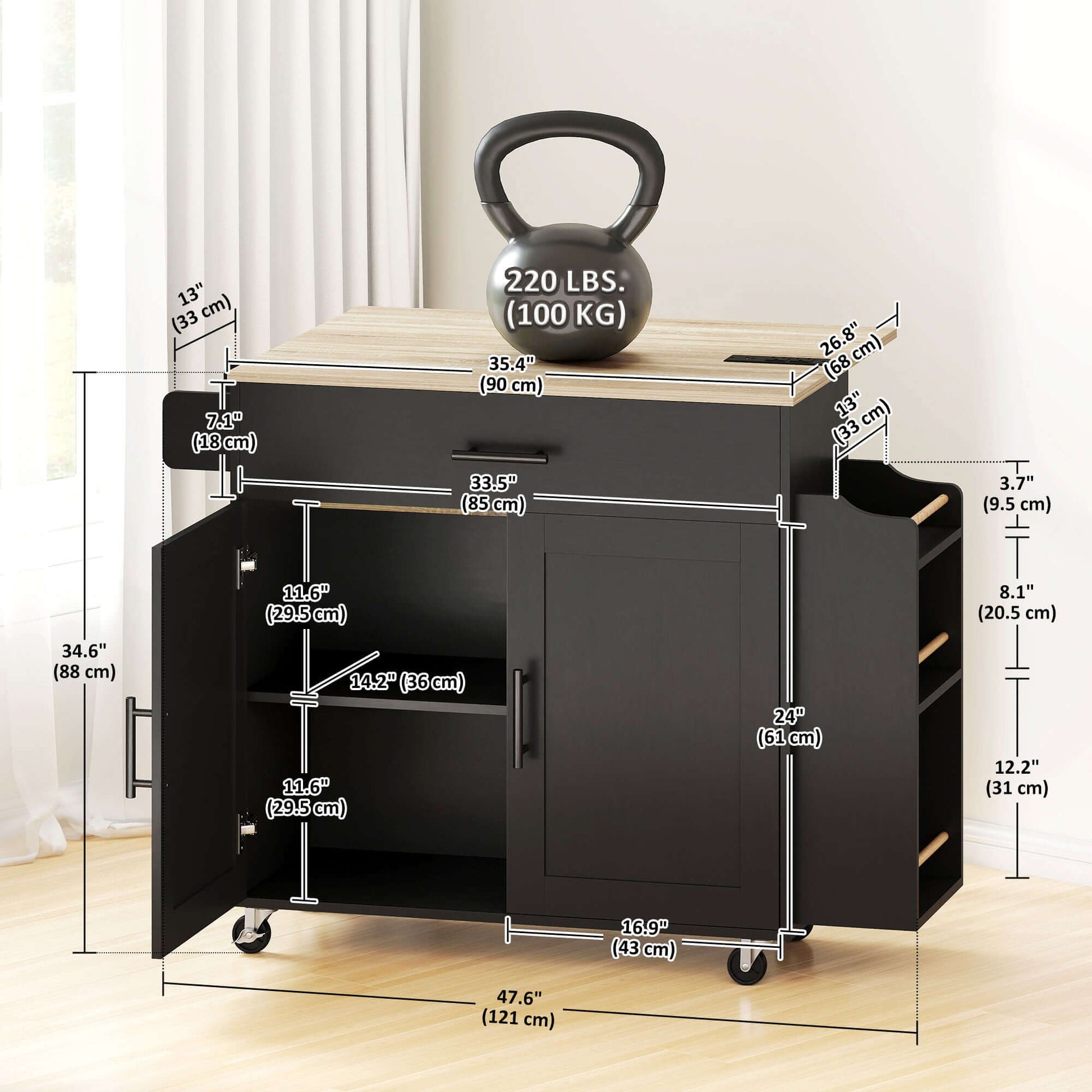 HOMCOM Kitchen Island with Storage, Rolling Kitchen Cart with Foldable Drop Leaf, Power Outlet and USB Ports, Black