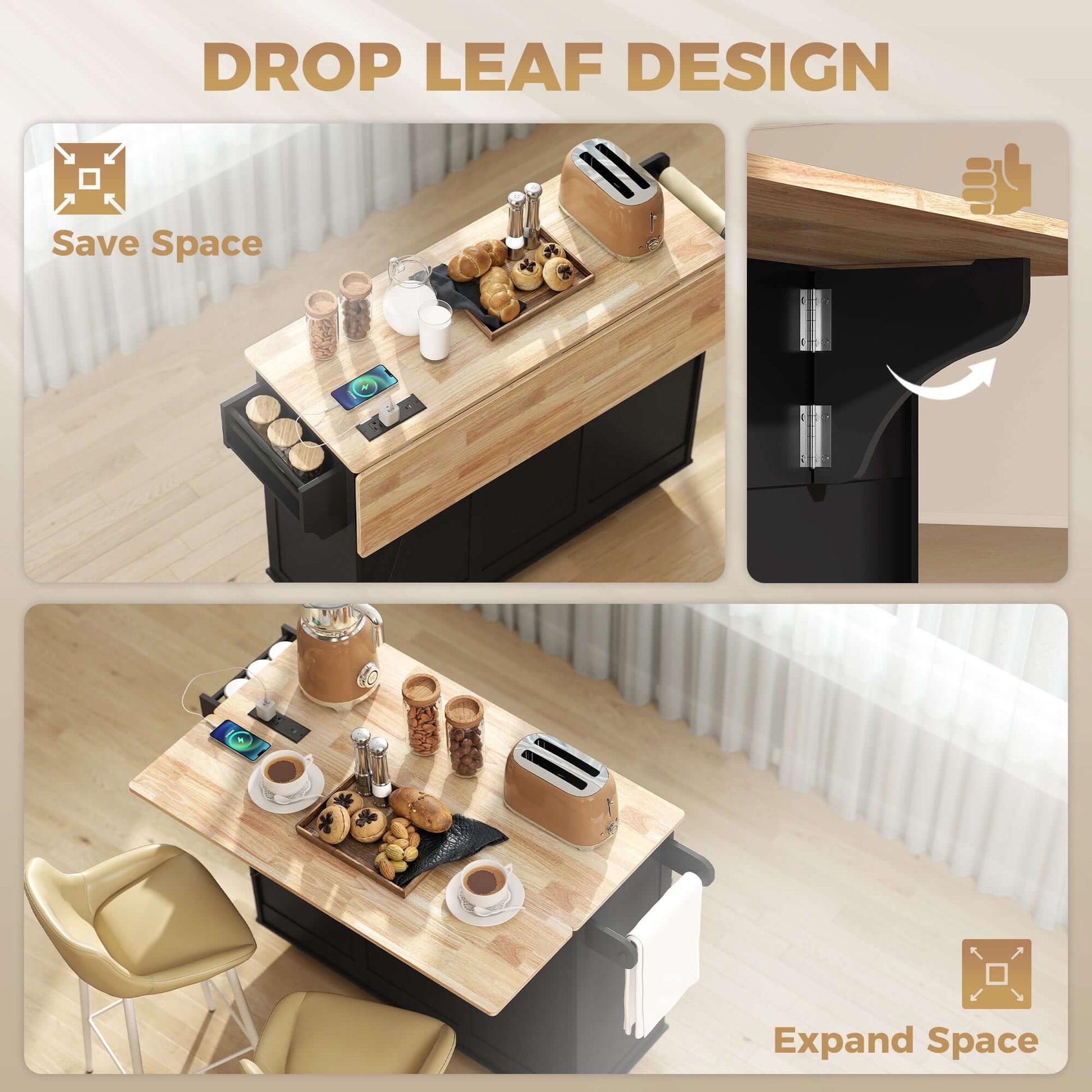 HOMCOM Kitchen Island on Wheels with Drop Leaf, Charging Station, Rolling Kitchen Cart with Wood Top, Adjustable Shelf, Black