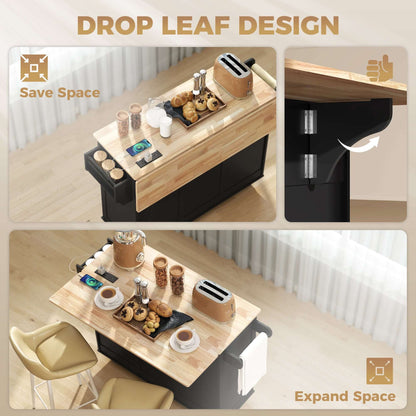 HOMCOM Kitchen Island on Wheels with Drop Leaf, Charging Station, Rolling Kitchen Cart with Wood Top, Adjustable Shelf, Black