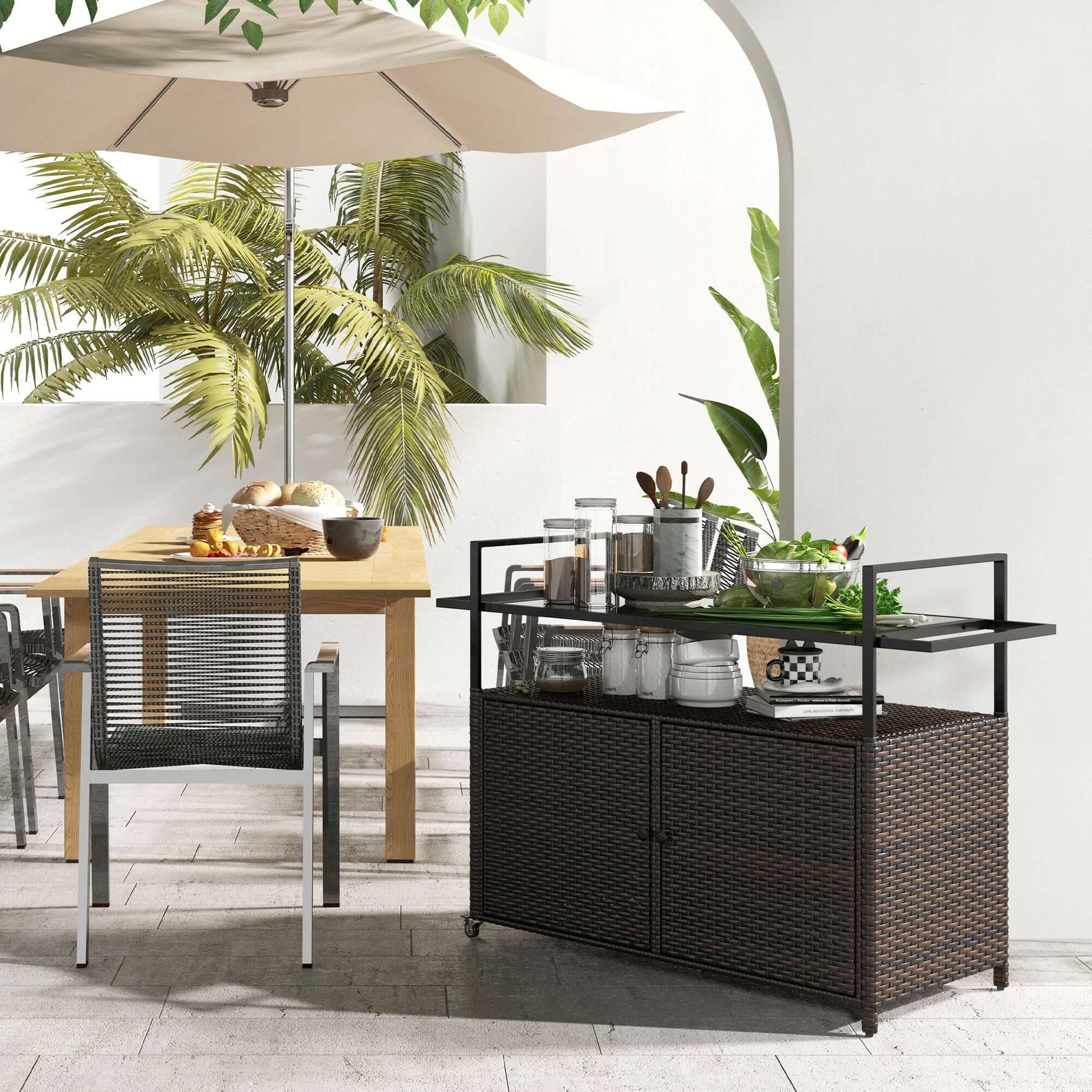 HOMCOM 2-Tier PE Rattan Outdoor Bar Cart, Glass Top Outdoor Kitchen Island with Cabinet, Mixed Brown