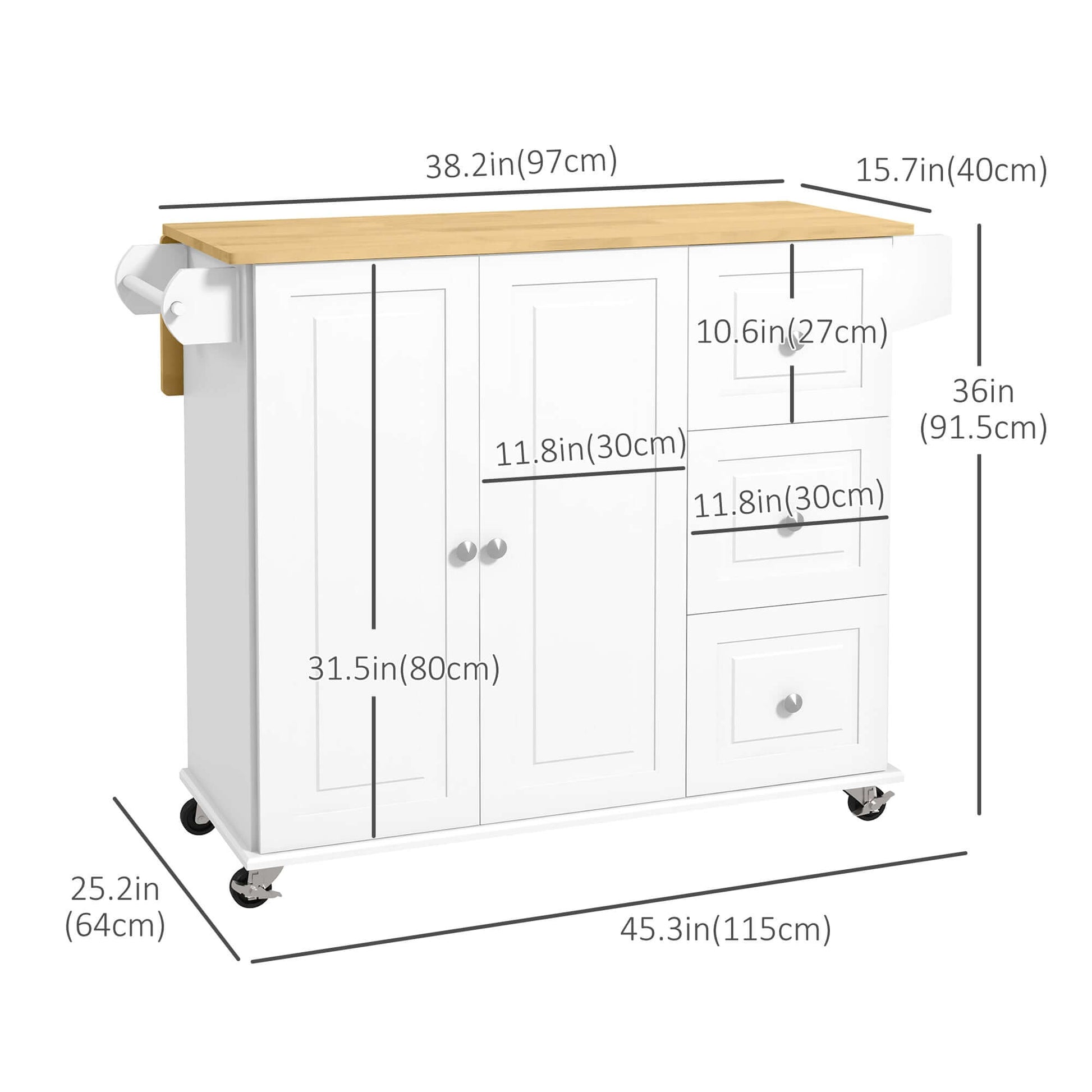 HOMCOM Kitchen Island on Wheels, Kitchen Cart with Drop Leaf, Drawers, Storage Racks, Rubberwood Top, White