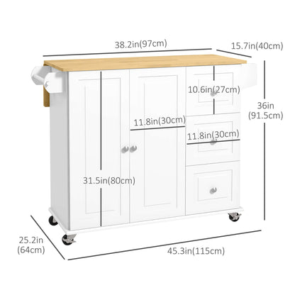 HOMCOM Kitchen Island on Wheels, Kitchen Cart with Drop Leaf, Drawers, Storage Racks, Rubberwood Top, White