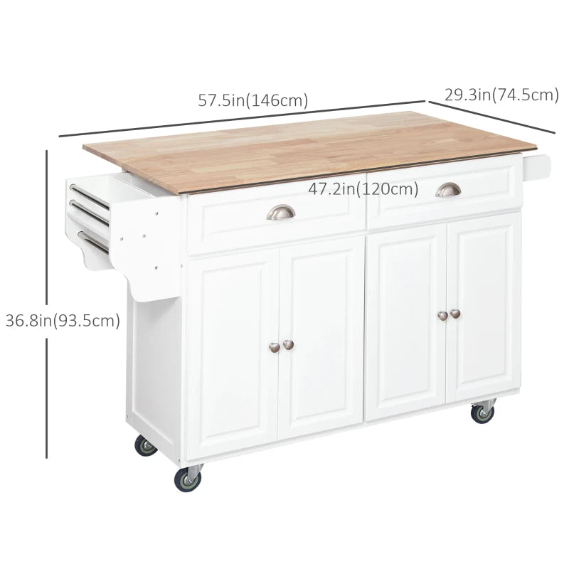HOMCOM Rolling Kitchen Island on Wheels Utility Cart with Drop-Leaf and Rubber Wood Countertop, Storage Drawers, Door Cabinets, White | Aosom Canada