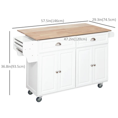 HOMCOM Rolling Kitchen Island on Wheels Utility Cart with Drop-Leaf and Rubber Wood Countertop, Storage Drawers, Door Cabinets, White | Aosom Canada