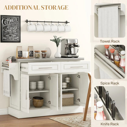 HOMCOM Rolling Kitchen Island with Storage and Stainless Steel Top, Kitchen Trolley with Drawers, Cabinets, Towel Rack, Cream | Aosom Canada