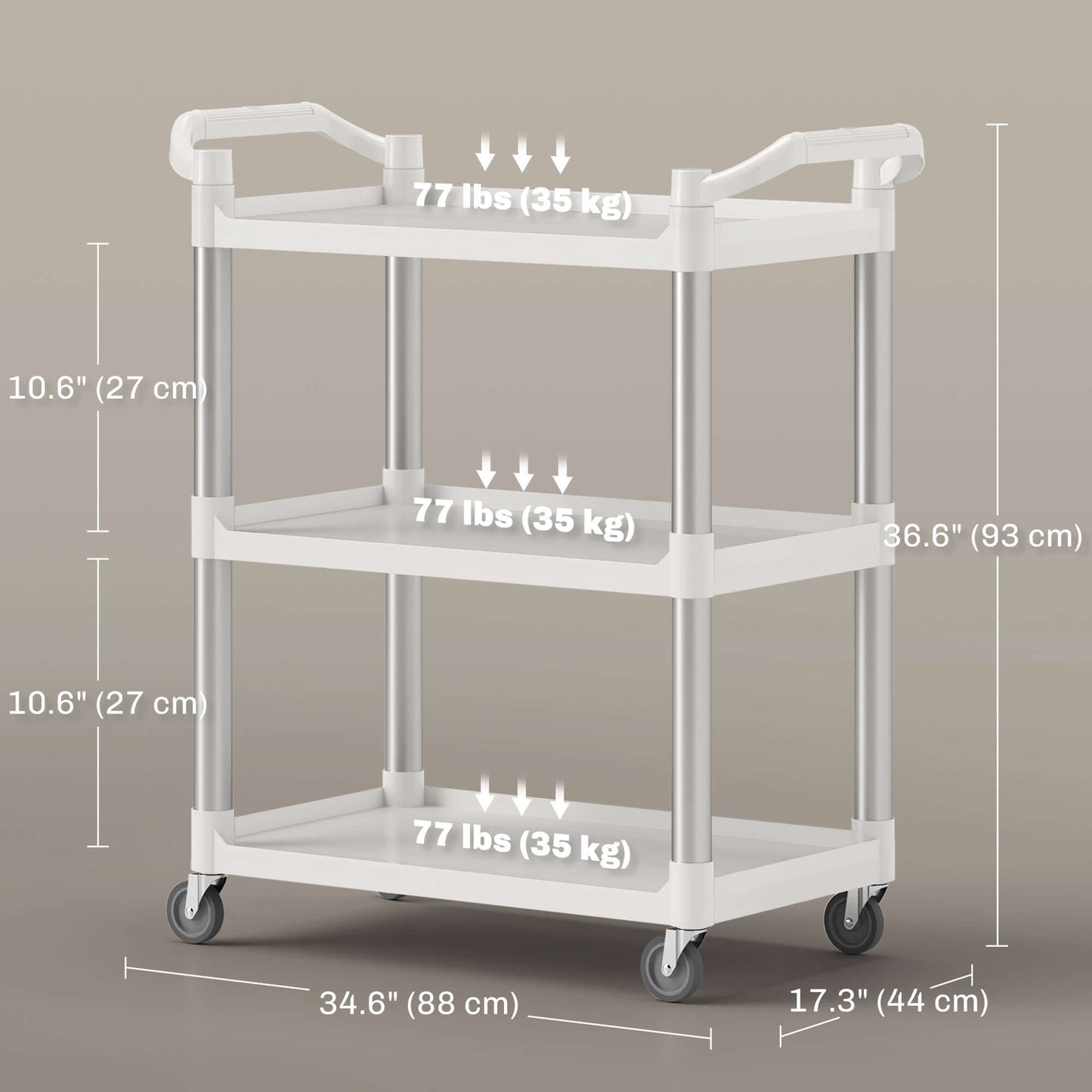 HOMCOM 3-Tier Utility Cart Rolling Storage Trolley with 3 Shelves, Silver and White