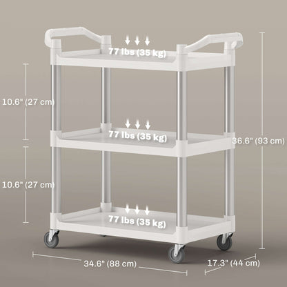 HOMCOM 3-Tier Utility Cart Rolling Storage Trolley with 3 Shelves, Silver and White