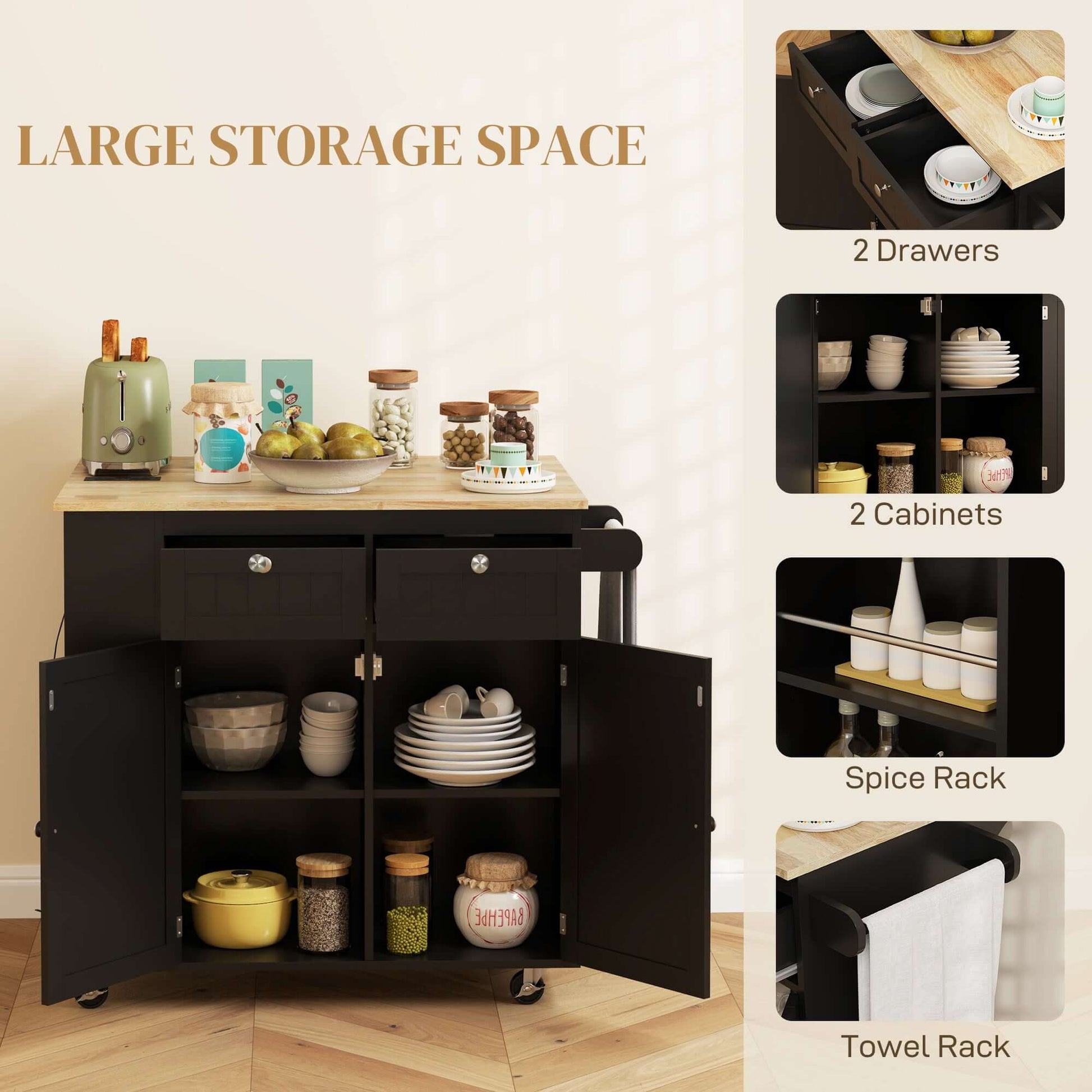HOMCOM Kitchen Island with Power Outlet and Drop Leaf, Rolling Kitchen Cart with 2 Drawers and Adjustable Shelves, Black