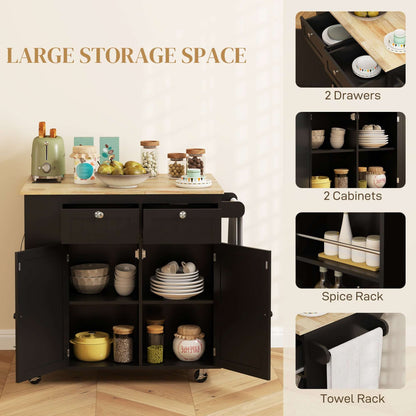 HOMCOM Kitchen Island with Power Outlet and Drop Leaf, Rolling Kitchen Cart with 2 Drawers and Adjustable Shelves, Black