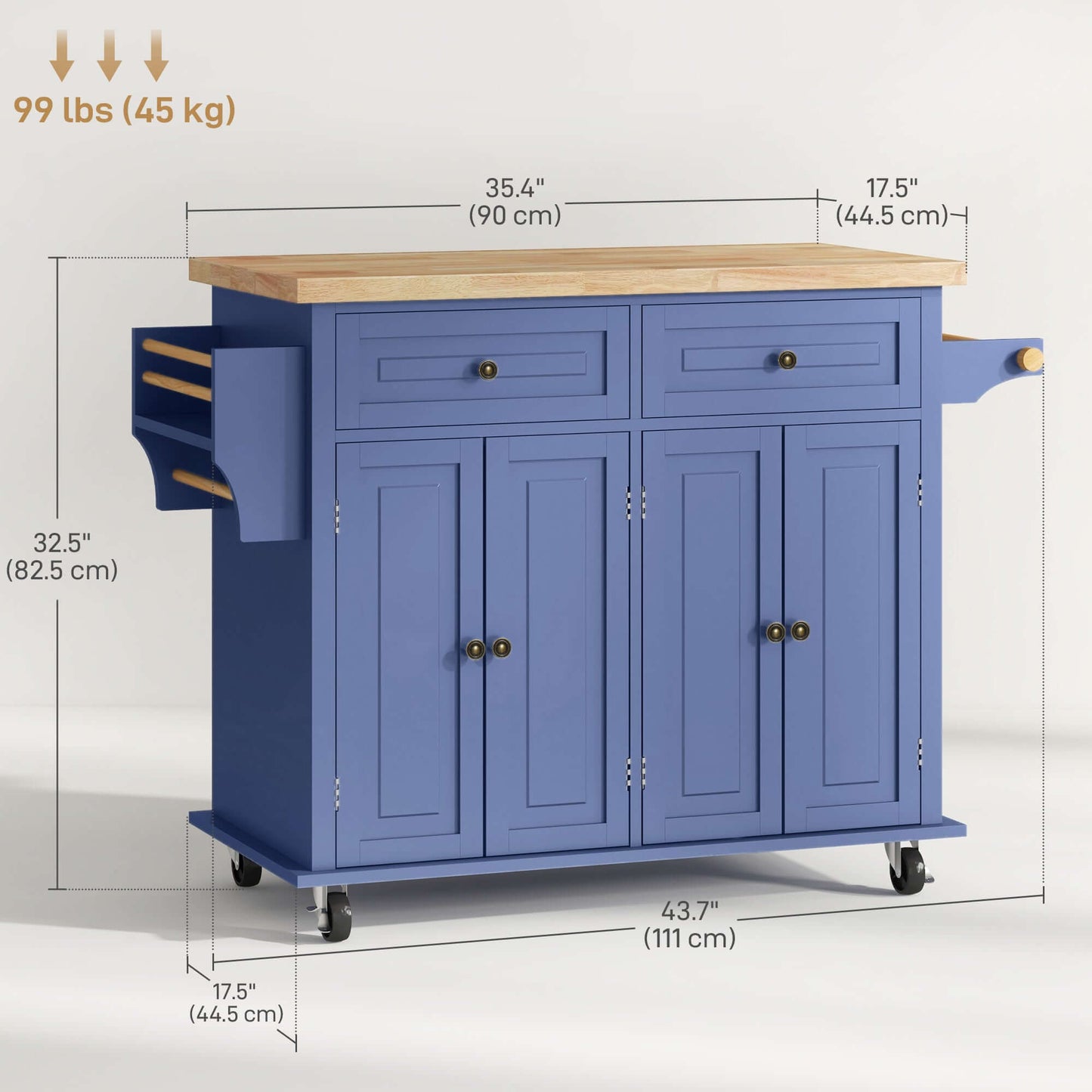 HOMCOM Kitchen Island with Storage, Rolling Trolley Cart with Rubber Wood Top, Spice Rack, Towel Rack, Navy Blue