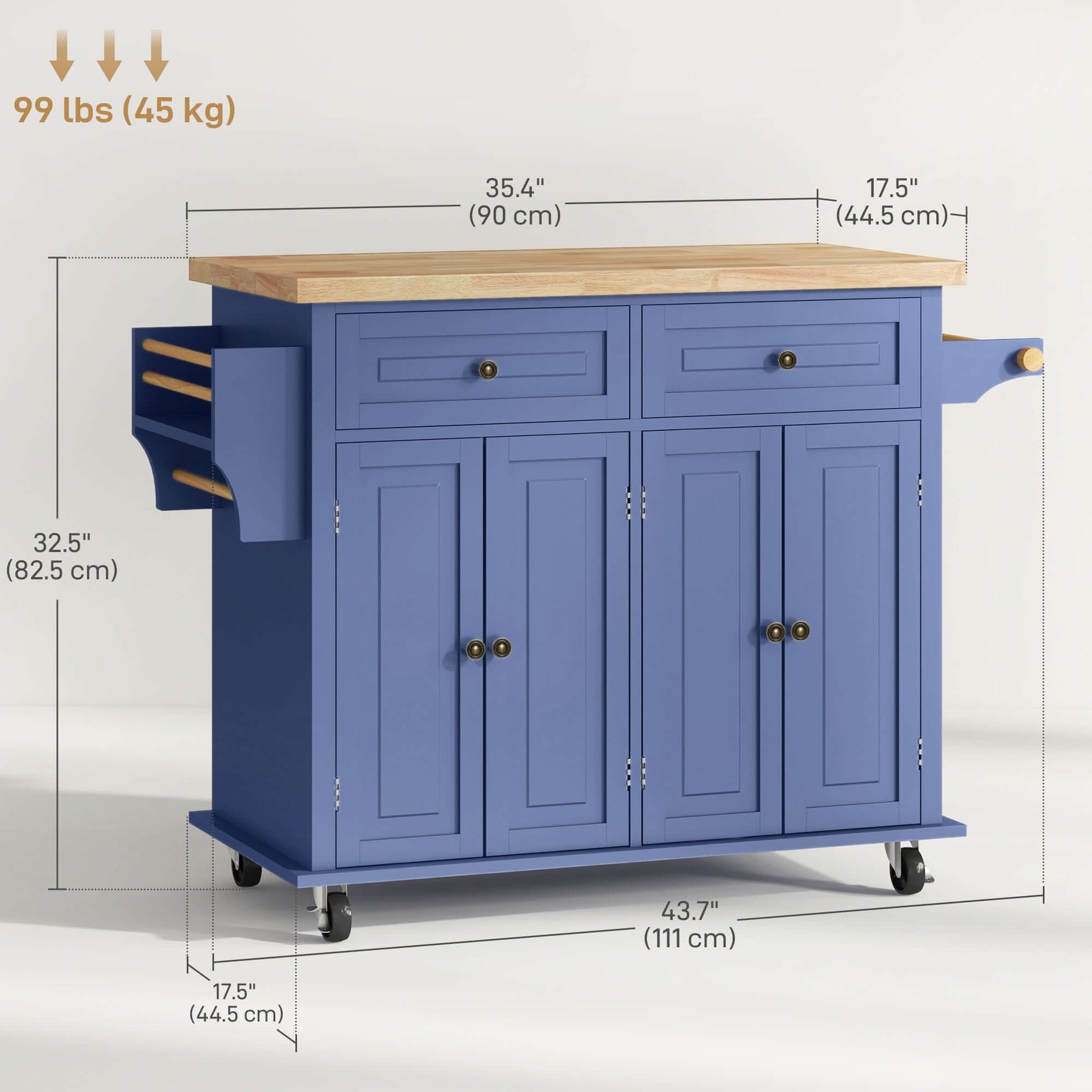 HOMCOM Kitchen Island with Storage, Rolling Trolley Cart with Rubber Wood Top, Spice Rack, Towel Rack, Navy Blue