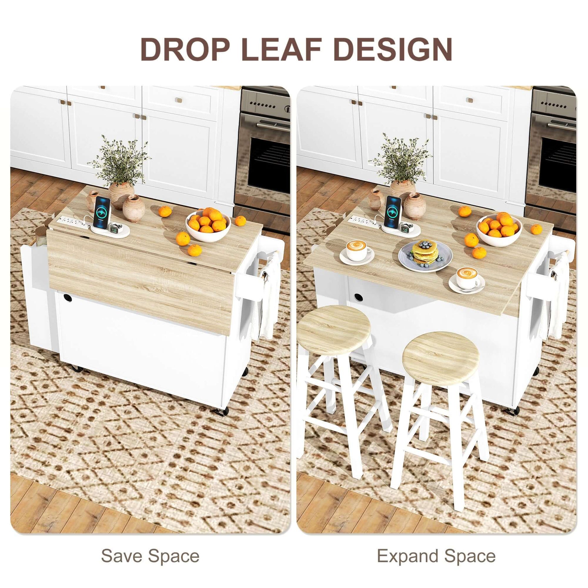 HOMCOM Kitchen Island with Storage, Rolling Kitchen Cart with Foldable Drop Leaf, Power Outlet and USB Ports, White