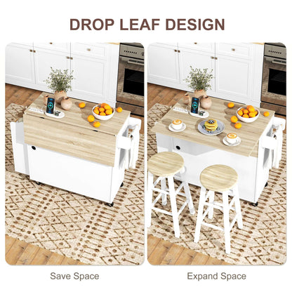 HOMCOM Kitchen Island with Storage, Rolling Kitchen Cart with Foldable Drop Leaf, Power Outlet and USB Ports, White