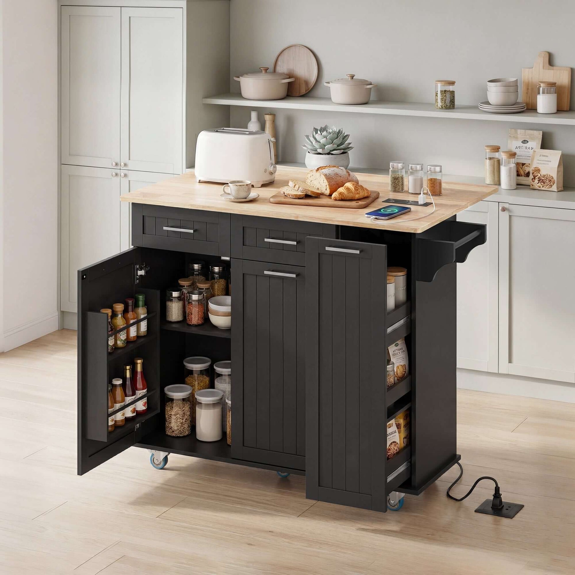 HOMCOM Kitchen Island on Wheels with Wood Drop Leaf, Charging Station, Rolling Kitchen Cart with Adjustable Shelf, Black