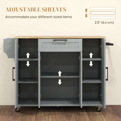 HOMCOM Modern Rolling Kitchen Island Cart with Drawers, Natural Wood Top, Towel Rack, Door Storage Cabinet, Grey