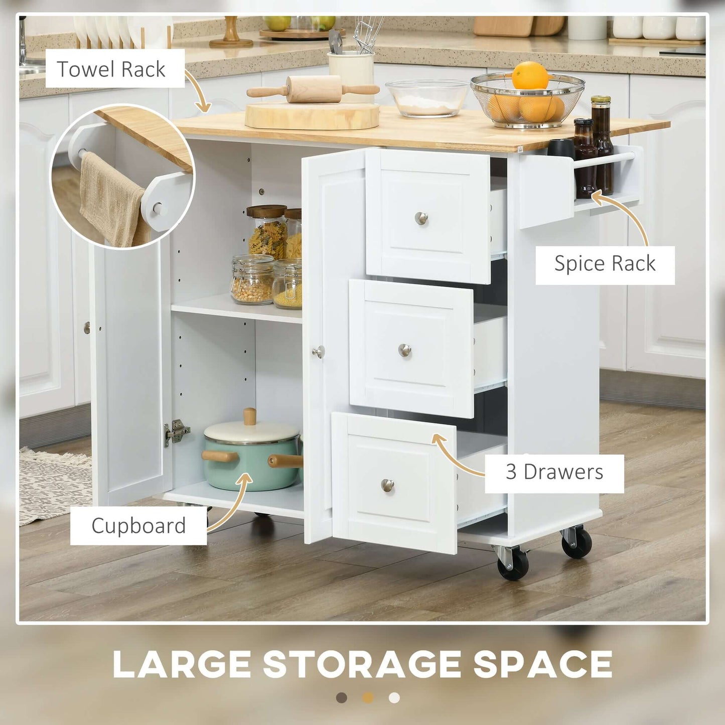 HOMCOM Kitchen Island on Wheels, Kitchen Cart with Drop Leaf, Drawers, Storage Racks, Rubberwood Top, White