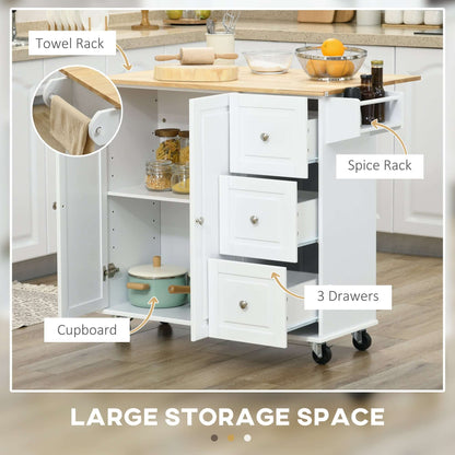 HOMCOM Kitchen Island on Wheels, Kitchen Cart with Drop Leaf, Drawers, Storage Racks, Rubberwood Top, White