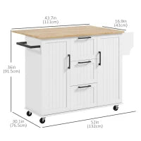 HOMCOM Kitchen Island Cart: On Wheels, Drop Leaf, 3 Drawers, Cabinets, Natural Wood Top, White | Aosom Canada