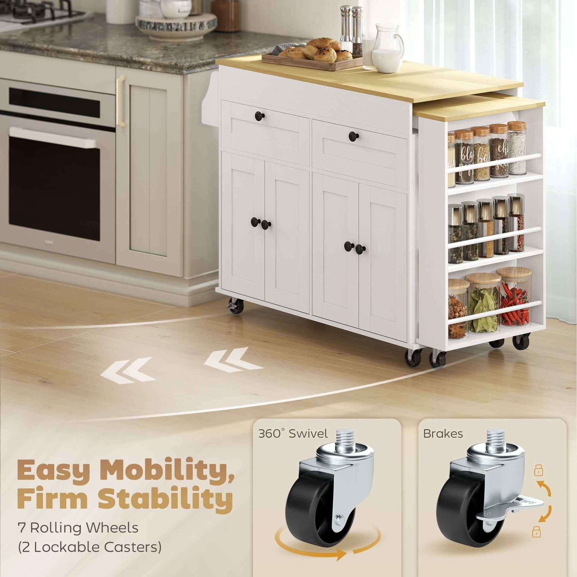 HOMCOM Kitchen Island with Sliding Expandable Top, Rolling Kitchen Cart with Drawers, Cabinets & Spice Rack, White