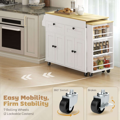 HOMCOM Kitchen Island with Sliding Expandable Top, Rolling Kitchen Cart with Drawers, Cabinets & Spice Rack, White