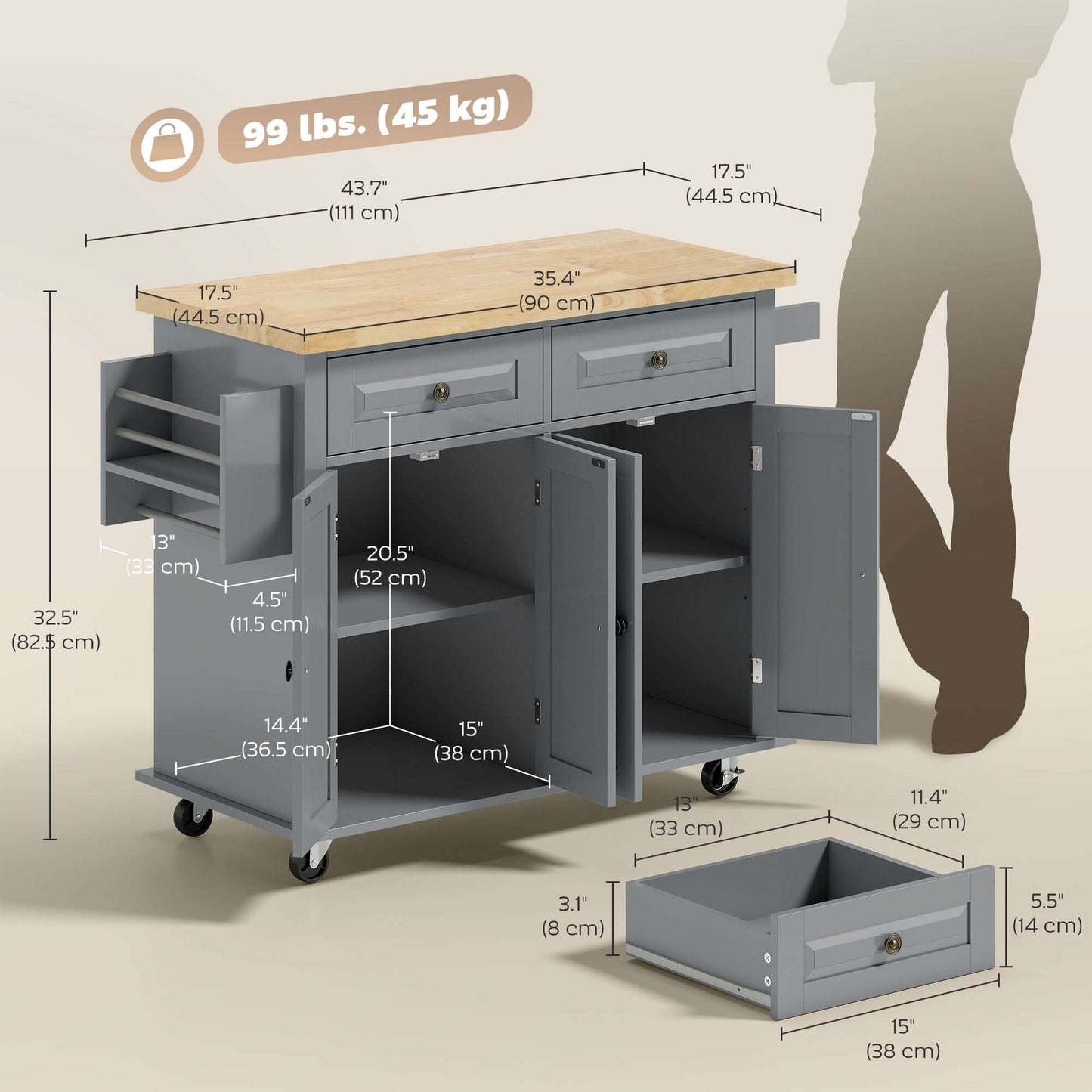 HOMCOM Kitchen Island with Storage, Rolling Trolley Cart with Rubber Wood Top, Spice Rack, Towel Rack, 2 Locking Brakes,Grey