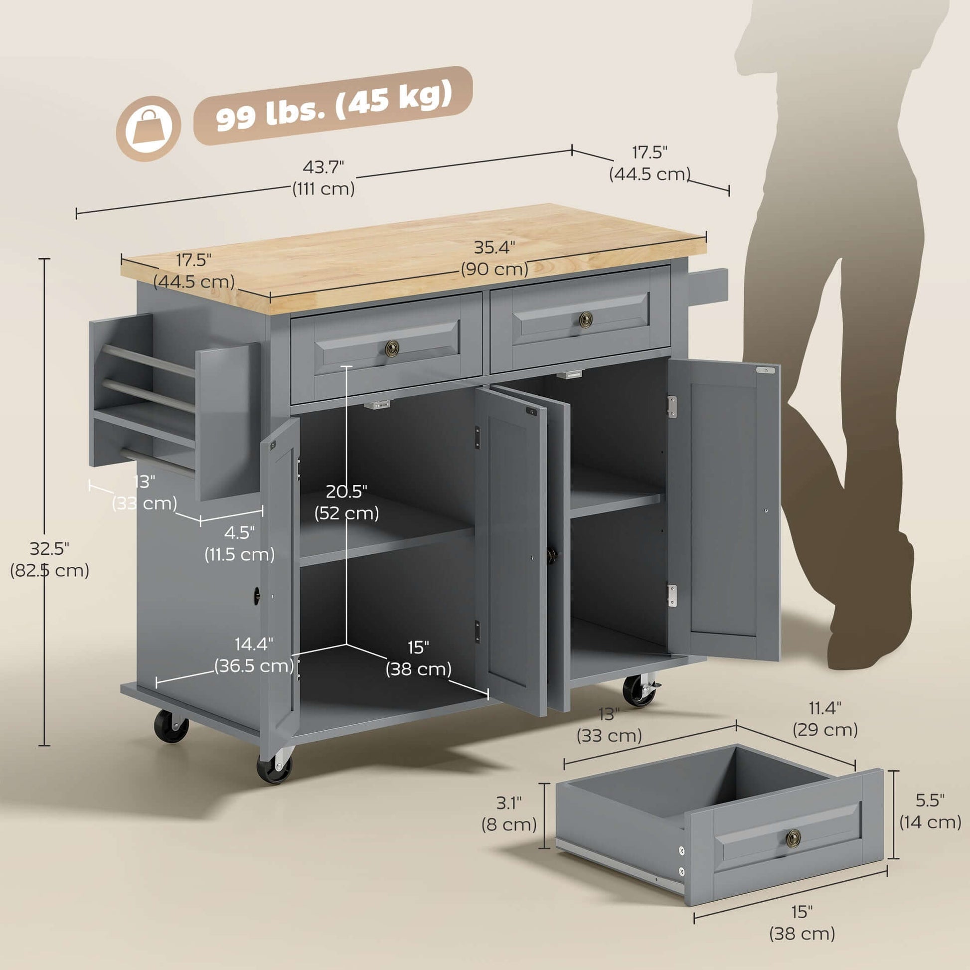 HOMCOM Kitchen Island with Storage, Rolling Trolley Cart with Rubber Wood Top, Spice Rack, Towel Rack, 2 Locking Brakes,Grey