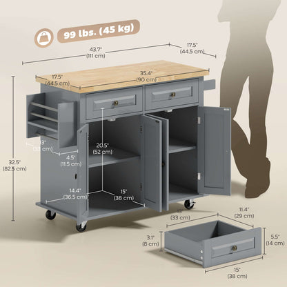 HOMCOM Kitchen Island with Storage, Rolling Trolley Cart with Rubber Wood Top, Spice Rack, Towel Rack, 2 Locking Brakes,Grey
